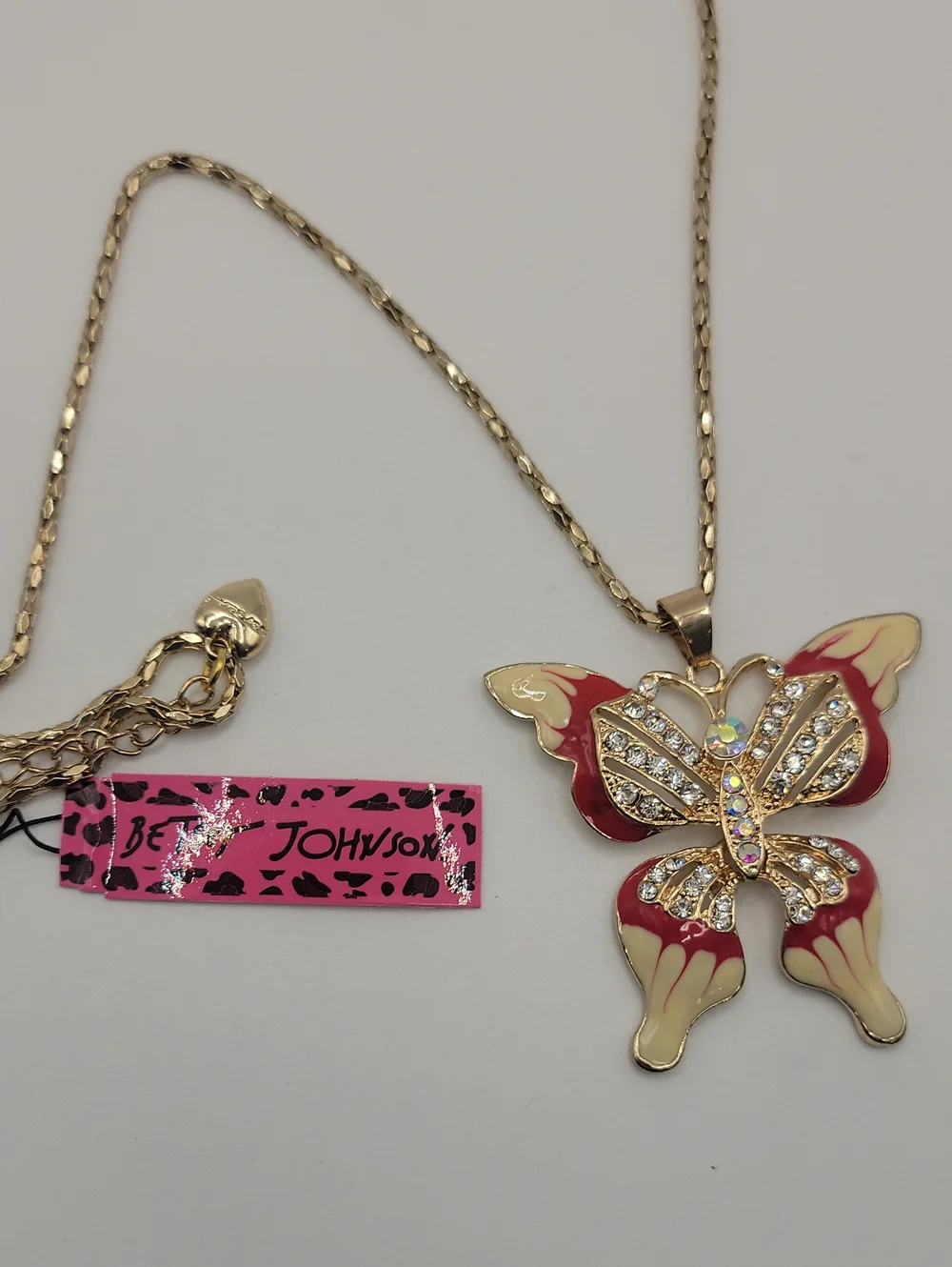 Betsey Johnson Gold Tone Butterfly Necklace with Red and Cream Enamel 28